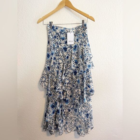Revolve MISA Los Angeles Carmen Floral Asymmetric Ruffle Skirt Indigo Bloom XS - Picture 2 of 7